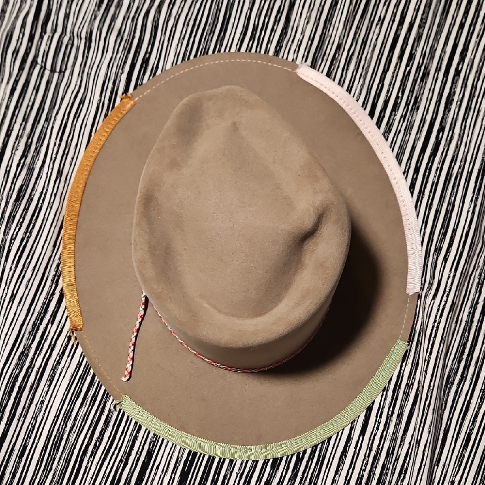 Nick Fouquet Taupe Wool Fedora with Pink, Yellow & Mint Trim